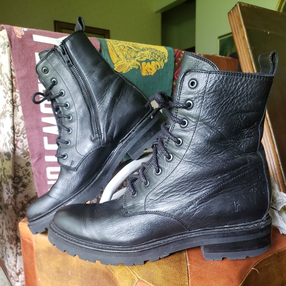 Frye Julie Lace Combat Boots Zip Black Moto 8 - Picture 3 of 11
